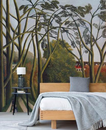 fine art wallpaper mural called The Banks of the Bievre near Bicetre by Henri Rousseau fine art wallpaper mural called The Banks of the Bievre near Bicetre by Henri Rousseau