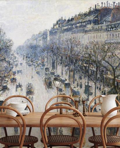 art wallpaper mural called The Boulevard Montmartre on a Winter Morning by Camille Pissarro art wallpaper mural called The Boulevard Montmartre on a Winter Morning by Camille Pissarro