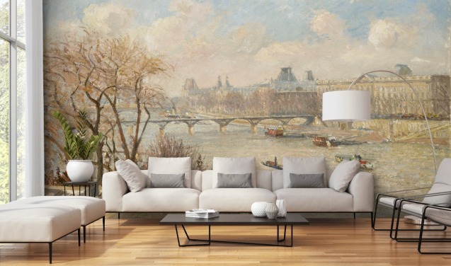 fine art wallpaper called The Louvre from the Pont Neuf by Camille Pissarro for bedrooms, home offices and hallways