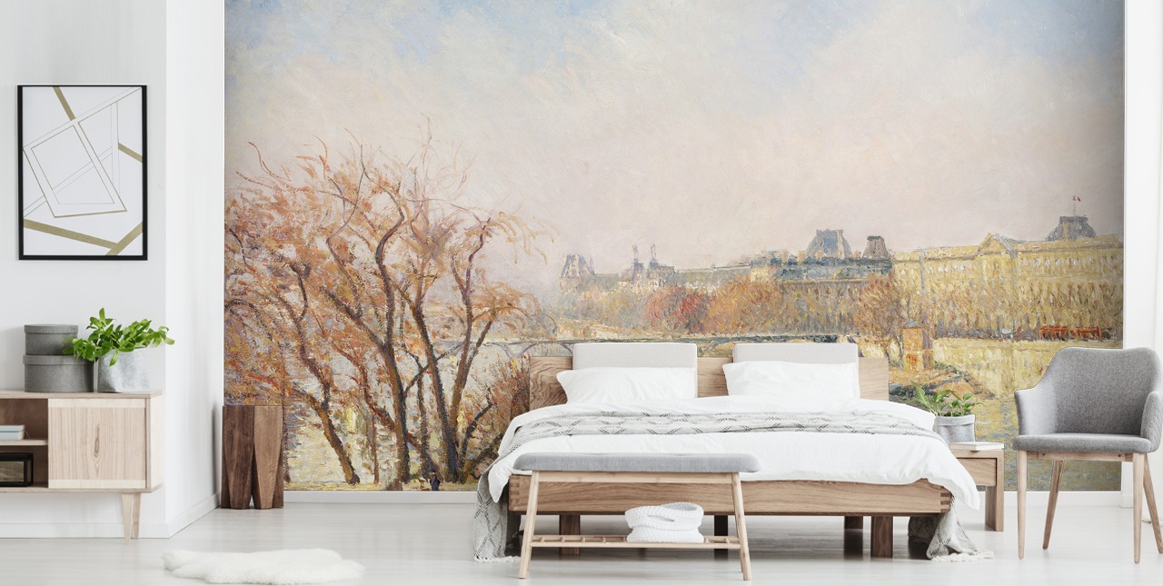 fine art wallpaper mural called The Louver, Morning, Sunlight by Camille Pissarro for bedrooms, lounges and dining rooms fine art wallpaper mural called The Louver, Morning, Sunlight by Camille Pissarro for bedrooms, lounges and dining rooms