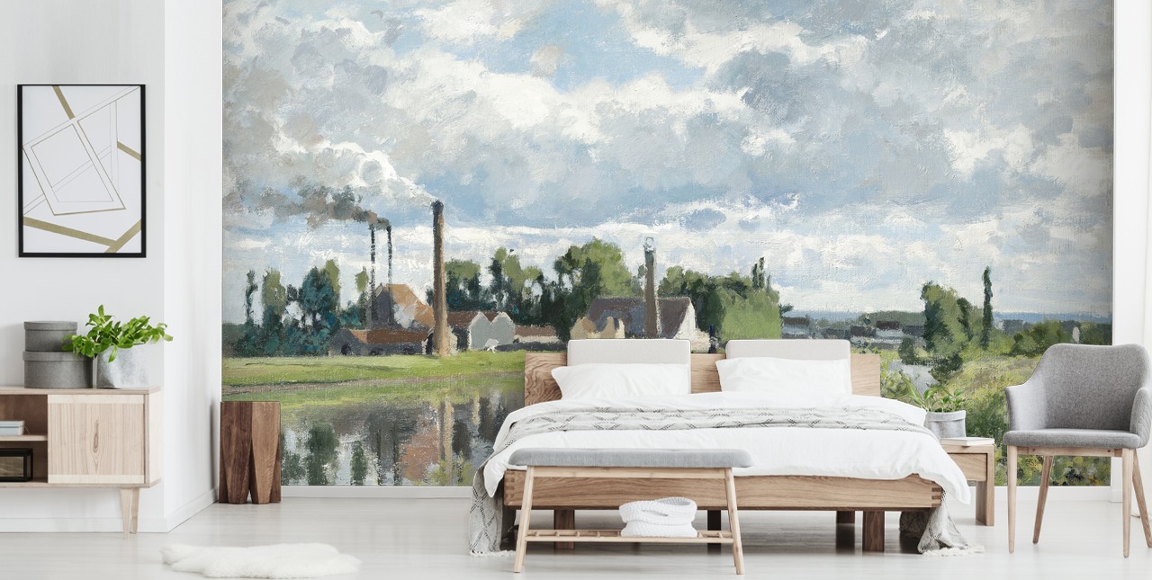 konsttapet väggmålning som heter The River Oise nära Pontoise av Camille Pissarro för sovrum och lounger konsttapet väggmålning som heter The River Oise nära Pontoise av Camille Pissarro för sovrum och lounger
