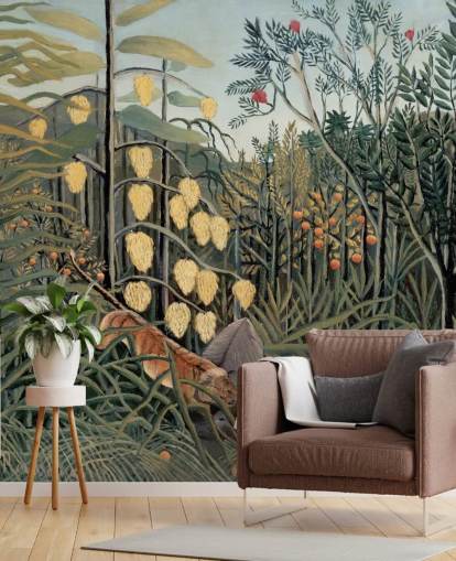 kunstbehangmuurschildering genaamd In a Tropical Forest van Henri Rousseau kunstbehangmuurschildering genaamd In a Tropical Forest van Henri Rousseau