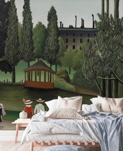 fresque murale d'art intitulée Vue du parc Montsouris, le kiosque d'Henri Rousseau pour les salons et les chambres fresque murale d'art intitulée Vue du parc Montsouris, le kiosque d'Henri Rousseau pour les salons et les chambres