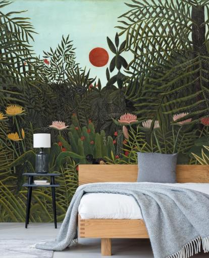 fine art wall mural called Virgin Forest with Sunset by Henri Rousseau for bedrooms, living rooms and dining rooms fine art wall mural called Virgin Forest with Sunset by Henri Rousseau for bedrooms, living rooms and dining rooms
