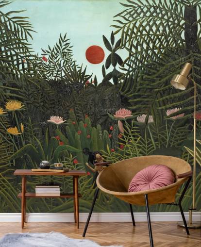 fine art wall mural called Virgin Forest with Sunset by Henri Rousseau for bedrooms, living rooms and dining rooms fine art wall mural called Virgin Forest with Sunset by Henri Rousseau for bedrooms, living rooms and dining rooms