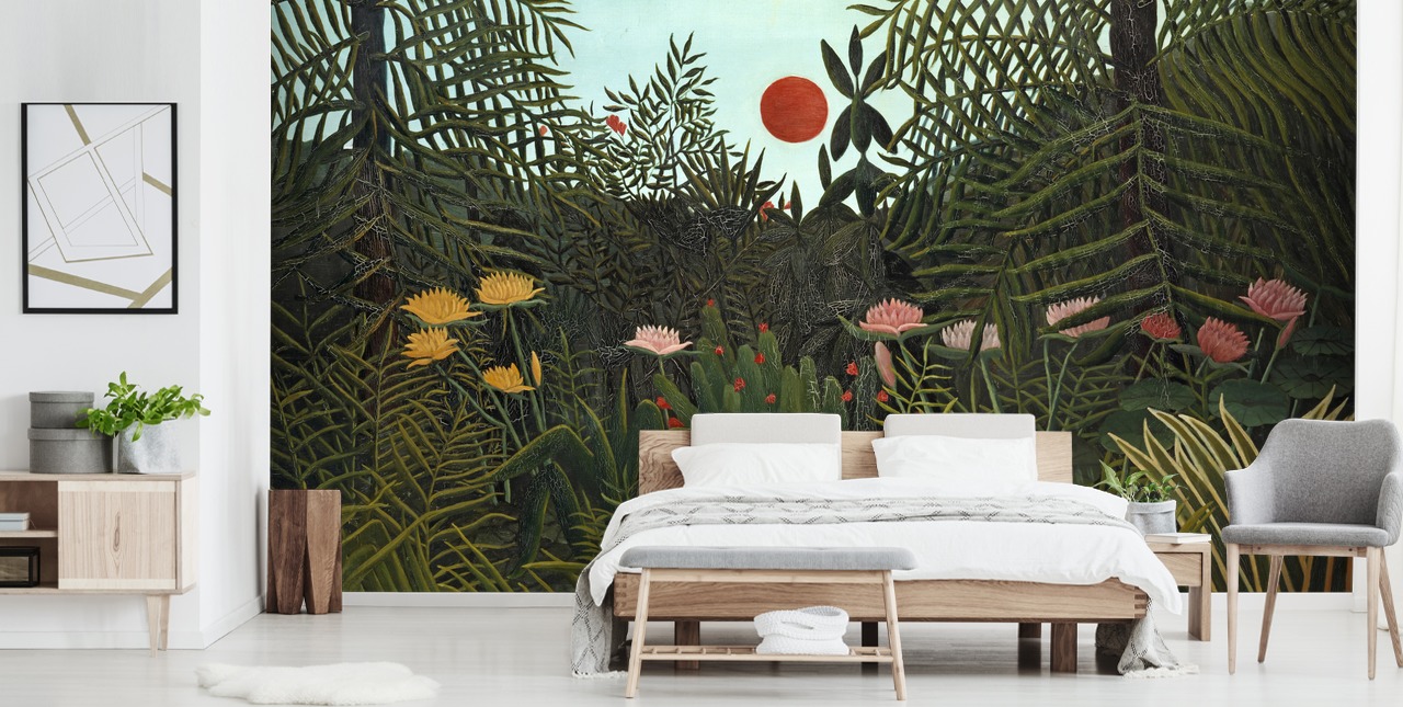 fine art wall mural called Virgin Forest with Sunset by Henri Rousseau for bedrooms, living rooms and dining rooms fine art wall mural called Virgin Forest with Sunset by Henri Rousseau for bedrooms, living rooms and dining rooms