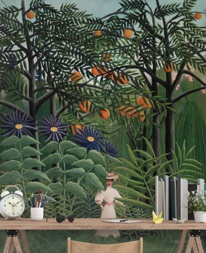 mural de papel de parede de belas artes chamado Woman Walking in an Exotic Forest, de Henri Rousseau, para mural de papel de parede de belas artes chamado Woman Walking in an Exotic Forest, de Henri Rousseau, para
