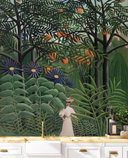 fine art behangmuurschildering genaamd Woman Walking in an Exotic Forest van Henri Rousseau voor fine art behangmuurschildering genaamd Woman Walking in an Exotic Forest van Henri Rousseau voor