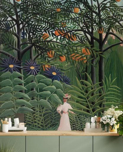 mural de papel pintado de bellas artes llamado Mujer caminando por un bosque exótico de Henri Rousseau para mural de papel pintado de bellas artes llamado Mujer caminando por un bosque exótico de Henri Rousseau para