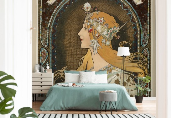 fine art wallpaper mural called Zodiac by Alphonse Mucha for hallways, living rooms and bedrooms