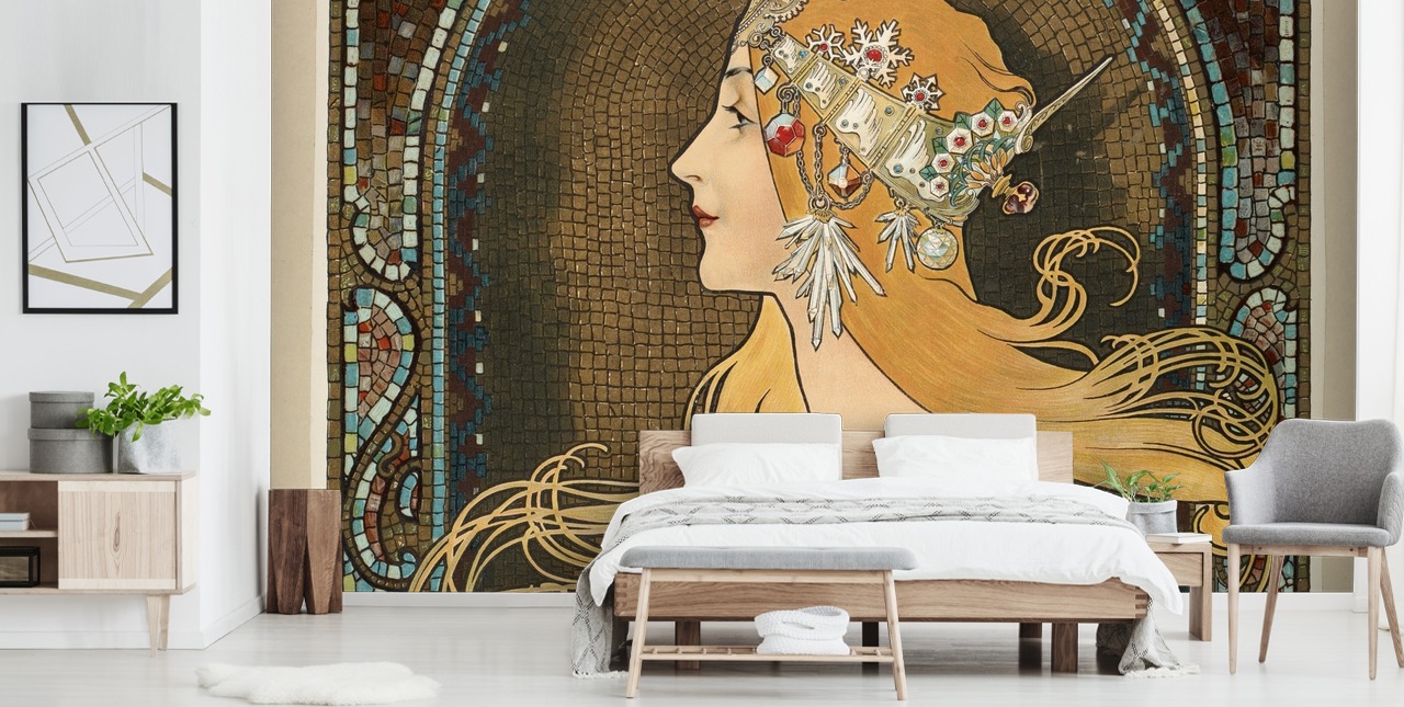 fine art wallpaper mural called Zodiac by Alphonse Mucha for hallways, living rooms and bedrooms