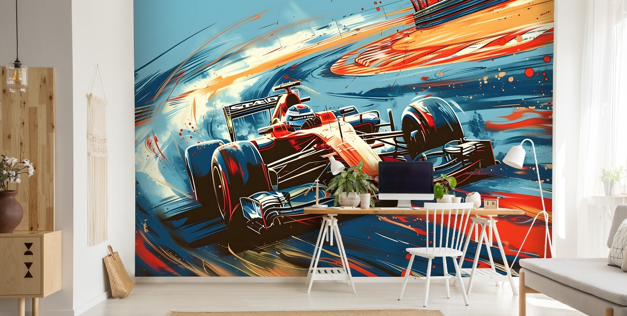 papier peint mural de course personnalisable rouge et bleu appelé Speeding Race Car Illustration pour les chambres et les bureaux papier peint mural de course personnalisable rouge et bleu appelé Speeding Race Car Illustration pour les chambres et les bureaux