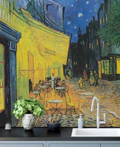 fine art wallpaper mural called Cafe Terrace at Night by Vincent van Gogh for bedrooms and businesses fine art wallpaper mural called Cafe Terrace at Night by Vincent van Gogh for bedrooms and businesses