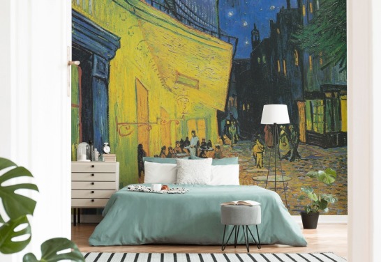 fine art behangmuurschildering genaamd Cafe Terrace at Night van Vincent van Gogh voor slaapkamers en bedrijven