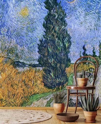 fine art wallpaper mural called Road with Cypress and Star by Vincent van Gogh for bedrooms fine art wallpaper mural called Road with Cypress and Star by Vincent van Gogh for bedrooms