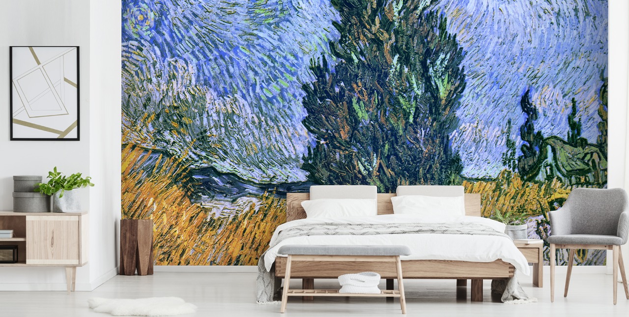 fine art behangmuurschildering genaamd Road with Cypress and Star van Vincent van Gogh voor slaapkamers fine art behangmuurschildering genaamd Road with Cypress and Star van Vincent van Gogh voor slaapkamers