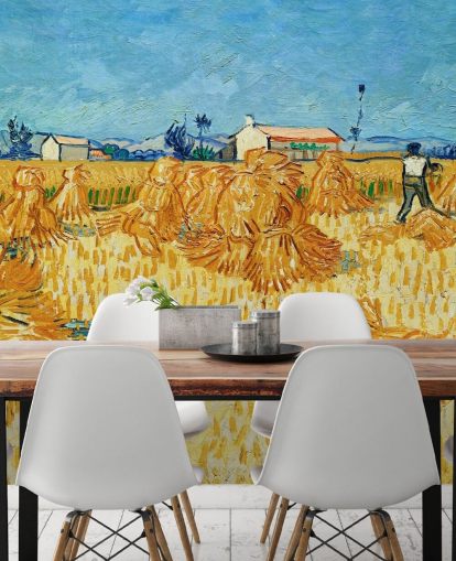 kunstmuurschildering genaamd Harvest in Provence van Vincent van Gogh voor woonkamers, slaapkamers en keukens kunstmuurschildering genaamd Harvest in Provence van Vincent van Gogh voor woonkamers, slaapkamers en keukens