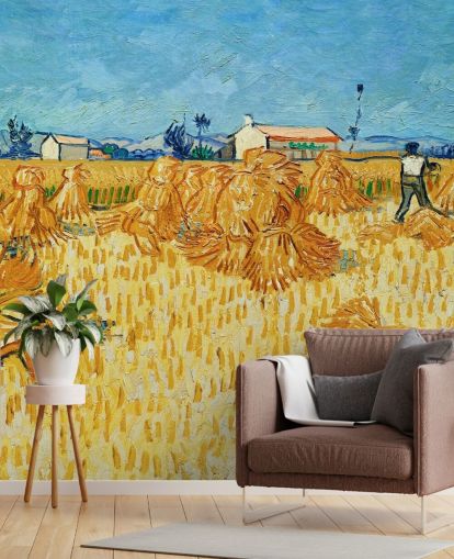 fine art wall mural called Harvest in Provence by Vincent van Gogh for living rooms, bedrooms and kitchens fine art wall mural called Harvest in Provence by Vincent van Gogh for living rooms, bedrooms and kitchens
