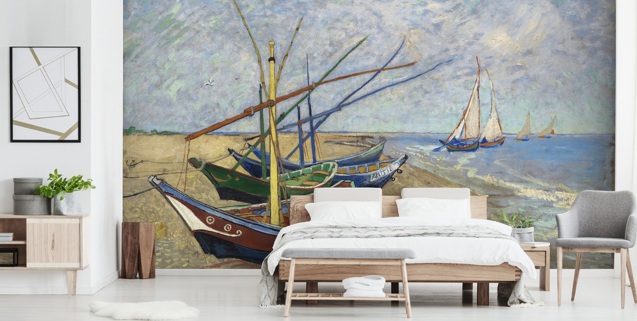 fine art behangmuurschildering genaamd Fishing Boats on the Beach van Van Gogh voor keukens, badkamers en woonkamers fine art behangmuurschildering genaamd Fishing Boats on the Beach van Van Gogh voor keukens, badkamers en woonkamers