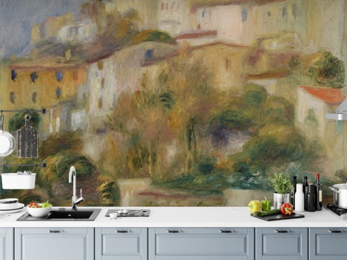 konsttapet väggmålning som heter Houses on a Hill av Pierre-Auguste Renoir för sovrum och vardagsrum