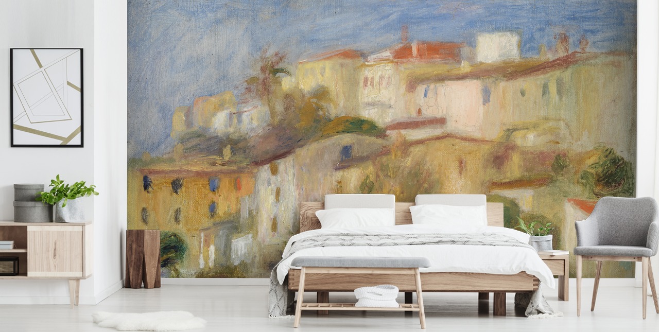 fine art wallpaper mural called Houses on a Hill by Pierre-Auguste Renoir for bedrooms and living rooms