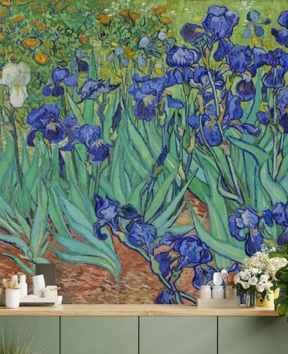 fresque murale d'art verte et violette appelée Irises de Van Gogh pour les chambres, les salons et les salles de bain fresque murale d'art verte et violette appelée Irises de Van Gogh pour les chambres, les salons et les salles de bain