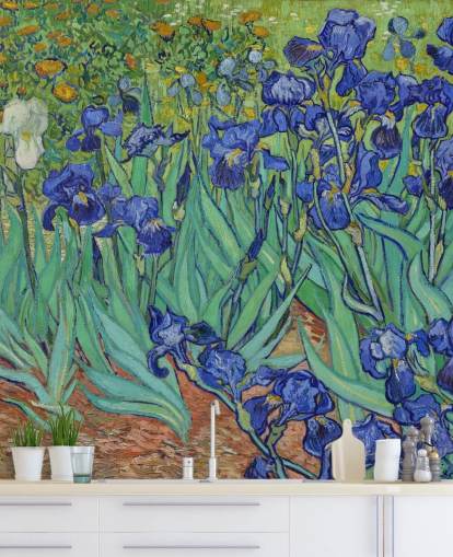 mural de parede de belas artes verde e roxo chamado Irises by Van Gogh para quartos, salas de estar e banheiros mural de parede de belas artes verde e roxo chamado Irises by Van Gogh para quartos, salas de estar e banheiros
