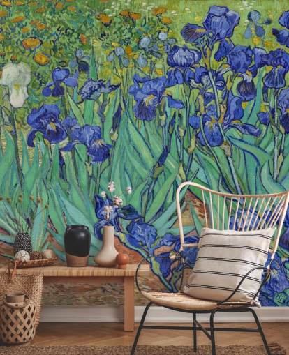 green and purple fine art wall mural called Irises by Van Gogh for bedrooms, living rooms and bathrooms green and purple fine art wall mural called Irises by Van Gogh for bedrooms, living rooms and bathrooms