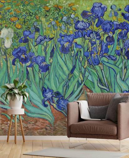 grön och lila konst väggmålning kallad Irises av Van Gogh för sovrum, vardagsrum och badrum grön och lila konst väggmålning kallad Irises av Van Gogh för sovrum, vardagsrum och badrum