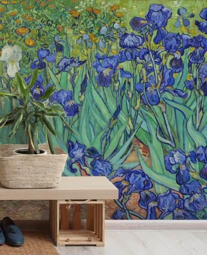 grön och lila konst väggmålning kallad Irises av Van Gogh för sovrum, vardagsrum och badrum grön och lila konst väggmålning kallad Irises av Van Gogh för sovrum, vardagsrum och badrum