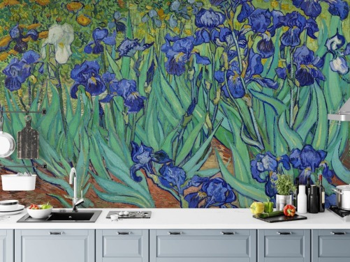 vihreä ja violetti taideseinämaalaus nimeltä Irises by Van Gogh makuuhuoneisiin, olohuoneisiin ja kylpyhuoneisiin