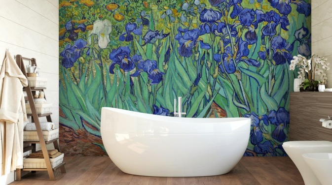 grønn og lilla kunstveggmaleri kalt Irises av Van Gogh for soverom, stuer og bad