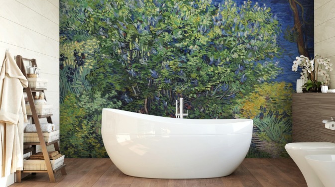groene en paarse kunstmuurschildering genaamd Lilac Bush van Van Gogh voor slaapkamers en woonkamers