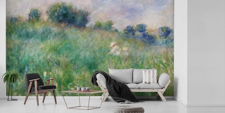 konst anpassningsbar tapetväggmålning kallad Meadow (La Prairie) av Pierre-Auguste Renoir för sovrum och vardagsrum