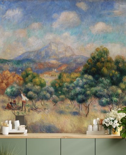 fine art wallpaper mural called Mont Sainte-Victoire by Pierre Auguste-Renoir for bedrooms, living rooms and home offices fine art wallpaper mural called Mont Sainte-Victoire by Pierre Auguste-Renoir for bedrooms, living rooms and home offices