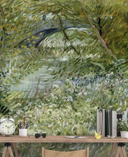 green fine art wallpaper mural called River Bank in Springtime by Vincent van Gogh green fine art wallpaper mural called River Bank in Springtime by Vincent van Gogh