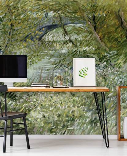 green fine art wallpaper mural called River Bank in Springtime by Vincent van Gogh green fine art wallpaper mural called River Bank in Springtime by Vincent van Gogh