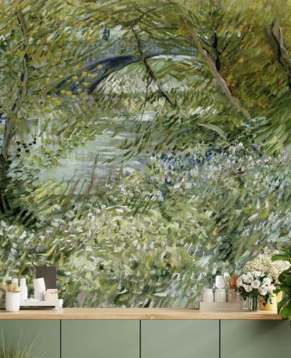green fine art wallpaper mural called River Bank in Springtime by Vincent van Gogh green fine art wallpaper mural called River Bank in Springtime by Vincent van Gogh