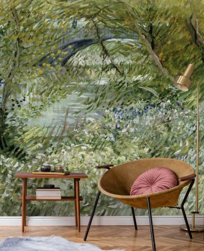 green fine art wallpaper mural called River Bank in Springtime by Vincent van Gogh green fine art wallpaper mural called River Bank in Springtime by Vincent van Gogh