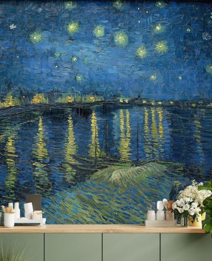 fine art wallpaper mural called Starry Night Over the Rhone by Vincent van Gogh fine art wallpaper mural called Starry Night Over the Rhone by Vincent van Gogh