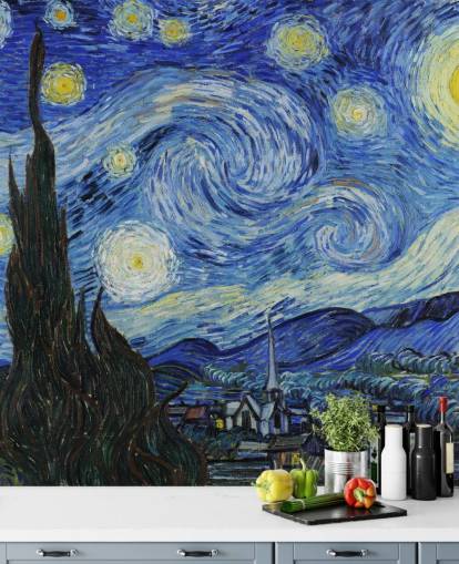 fine art wallpaper mural called Starry Night by Vincent van Gogh for bedrooms and living rooms fine art wallpaper mural called Starry Night by Vincent van Gogh for bedrooms and living rooms
