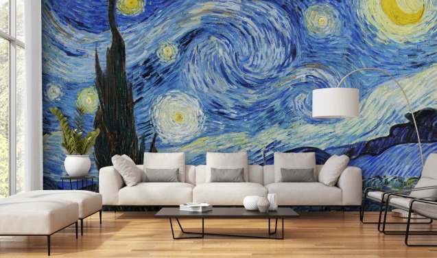 fine art wallpaper mural called Starry Night by Vincent van Gogh for bedrooms and living rooms