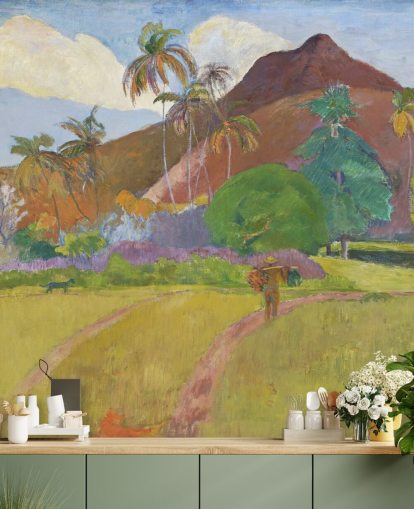 Kunsttapete mit dem Titel „Tahitian Landscape“ von Paul Gauguin für Schlafzimmer, Wohn- und Esszimmer Kunsttapete mit dem Titel „Tahitian Landscape“ von Paul Gauguin für Schlafzimmer, Wohn- und Esszimmer