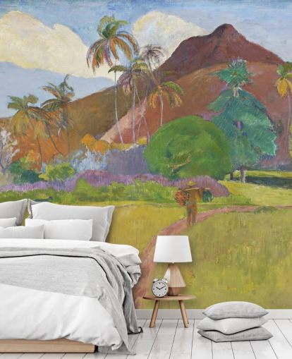 fine art wallpaper mural called Tahitian Landscape by Paul Gauguin for bedrooms, living rooms and dining rooms fine art wallpaper mural called Tahitian Landscape by Paul Gauguin for bedrooms, living rooms and dining rooms