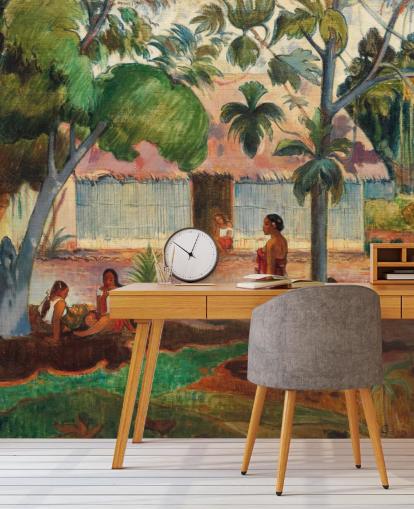 green and orange fine art wallpaper mural called The Large Tree by Paul Gauguin green and orange fine art wallpaper mural called The Large Tree by Paul Gauguin