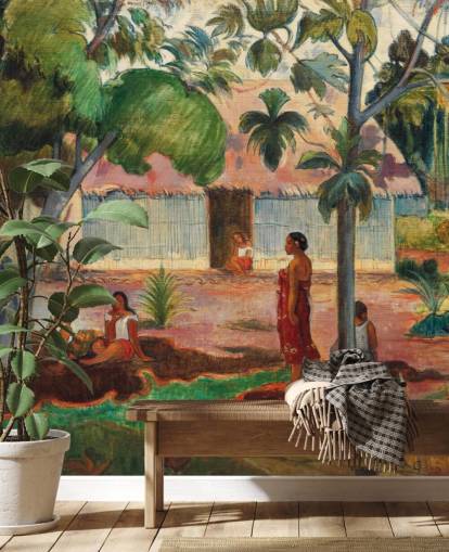 green and orange fine art wallpaper mural called The Large Tree by Paul Gauguin green and orange fine art wallpaper mural called The Large Tree by Paul Gauguin