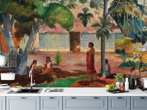 green and orange fine art wallpaper mural called The Large Tree by Paul Gauguin