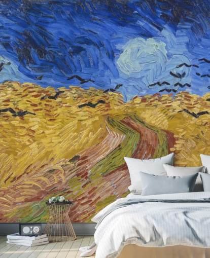 blå og guld van gogh tapetmaleri kaldet Wheatfield with Crows til soveværelser, stuer og hjemmekontorer blå og guld van gogh tapetmaleri kaldet Wheatfield with Crows til soveværelser, stuer og hjemmekontorer