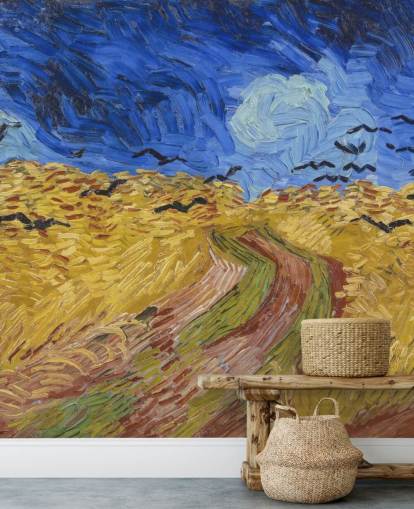 blå og guld van gogh tapetmaleri kaldet Wheatfield with Crows til soveværelser, stuer og hjemmekontorer blå og guld van gogh tapetmaleri kaldet Wheatfield with Crows til soveværelser, stuer og hjemmekontorer