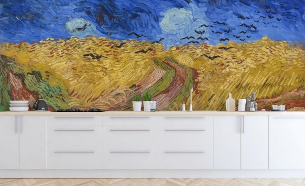 blå och guld van gogh tapetväggmålning kallad Wheatfield with Crows för sovrum, vardagsrum och hemmakontor